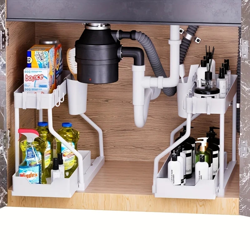 Sliding lower drawer on a two-tier cabinet organizer