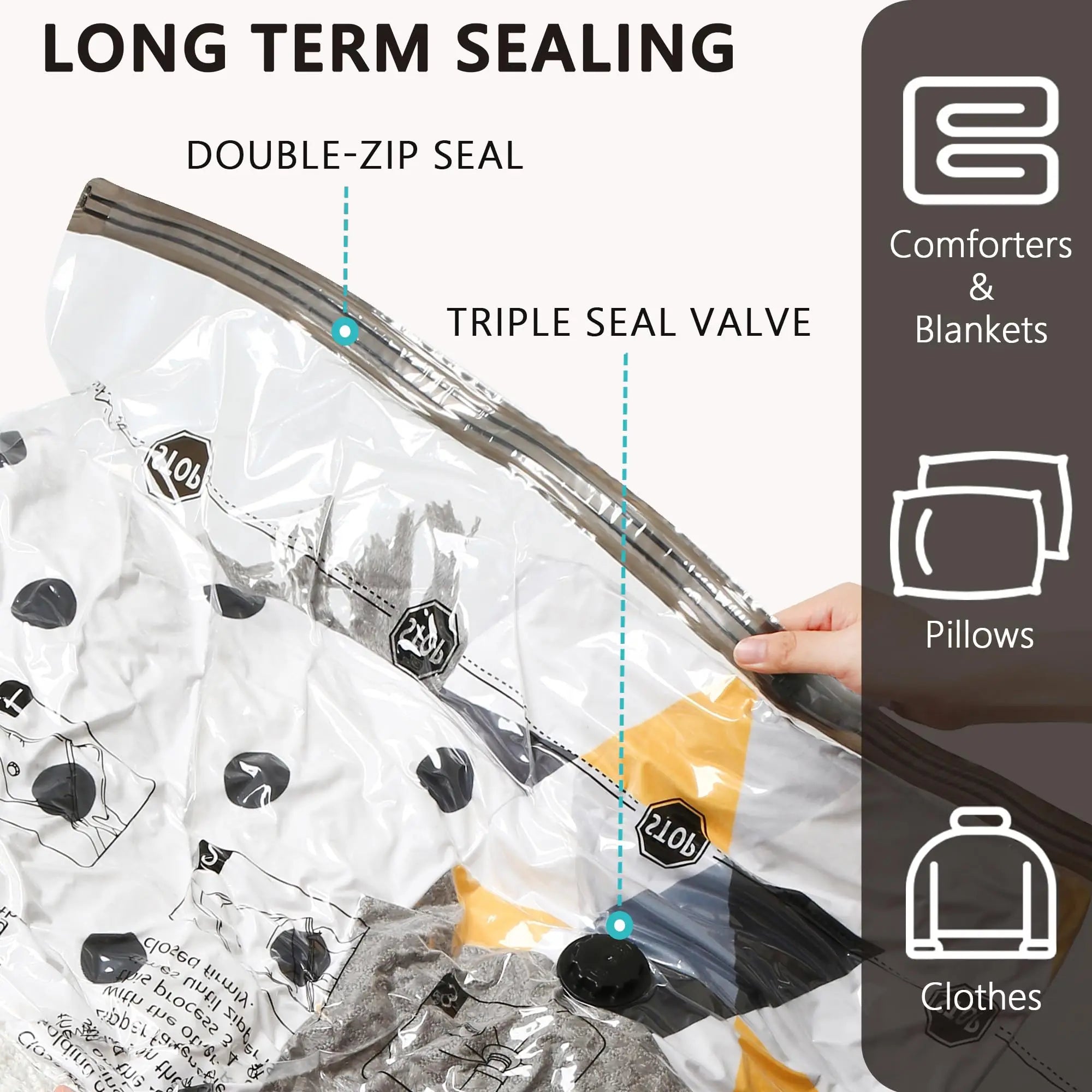 Vacuum storage bags shown before and after air removal