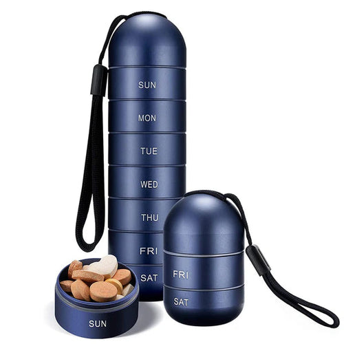 Blue WeekVault organizer shown as a full seven-day stack, two-day stack, and open cup