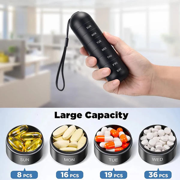 WeekVault capacity infographic with a black organizer in hand and four open labeled cups filled with different tablets