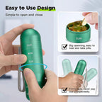 Green WeekVault use infographic showing the threaded opening, capsule loading, and screw-lock grip