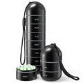 Black cylindrical WeekVault organizer with seven labeled threaded day sections and wrist strap