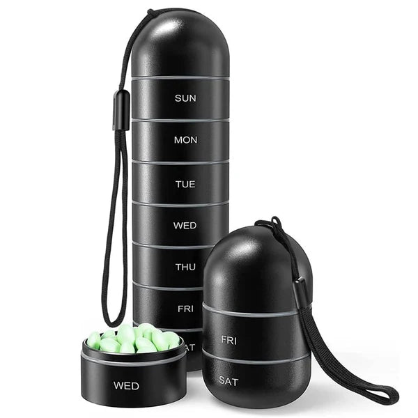 Black cylindrical WeekVault organizer with seven labeled threaded day sections and wrist strap