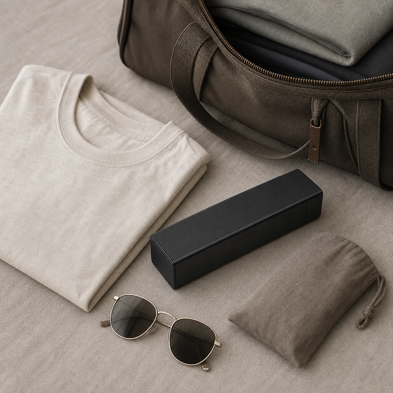 WeekVault seven-day organizer beside travel essentials on a packing surface